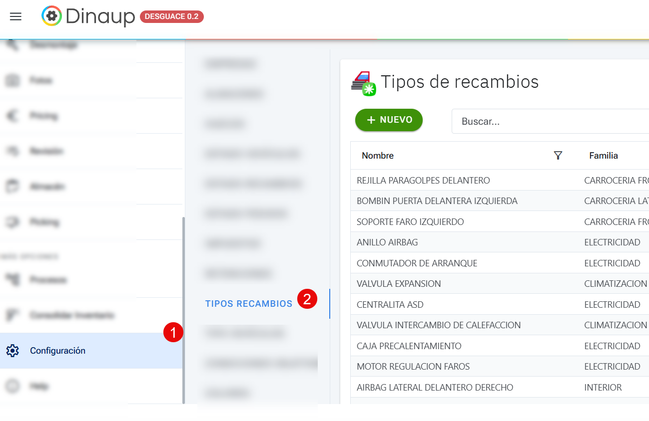 Listado de Tipos de Recambios en Dinaup